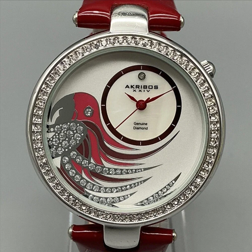 Akribos XXIV Womens Watch 40mm MOP Dial Red Leather Diamond New Battery